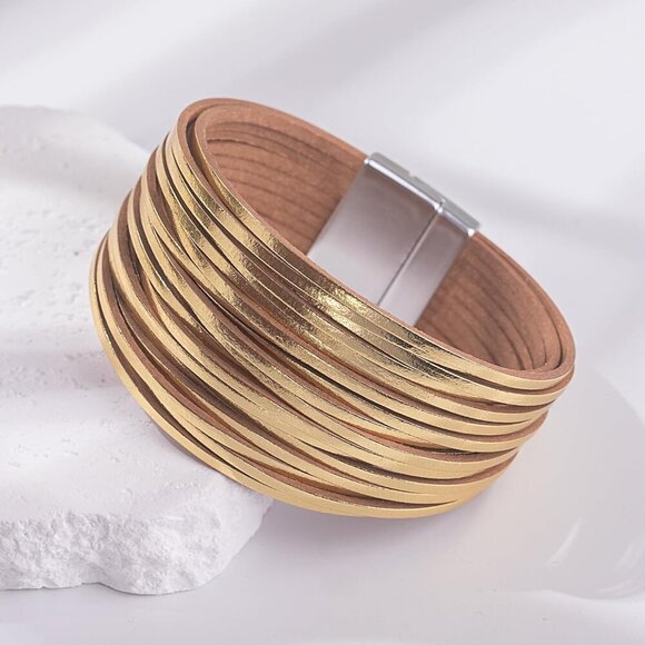 Boho Leather Wrap Bracelet Gold Layered Bangle Cuff Magnetic Clasp - Picture 5 of 7